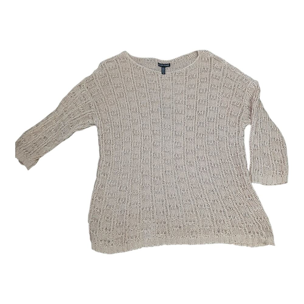 Eileen Fisher Women’s Sweater L Beige Organic Cotton Linen Knit 3/4 Sleeve Lagom